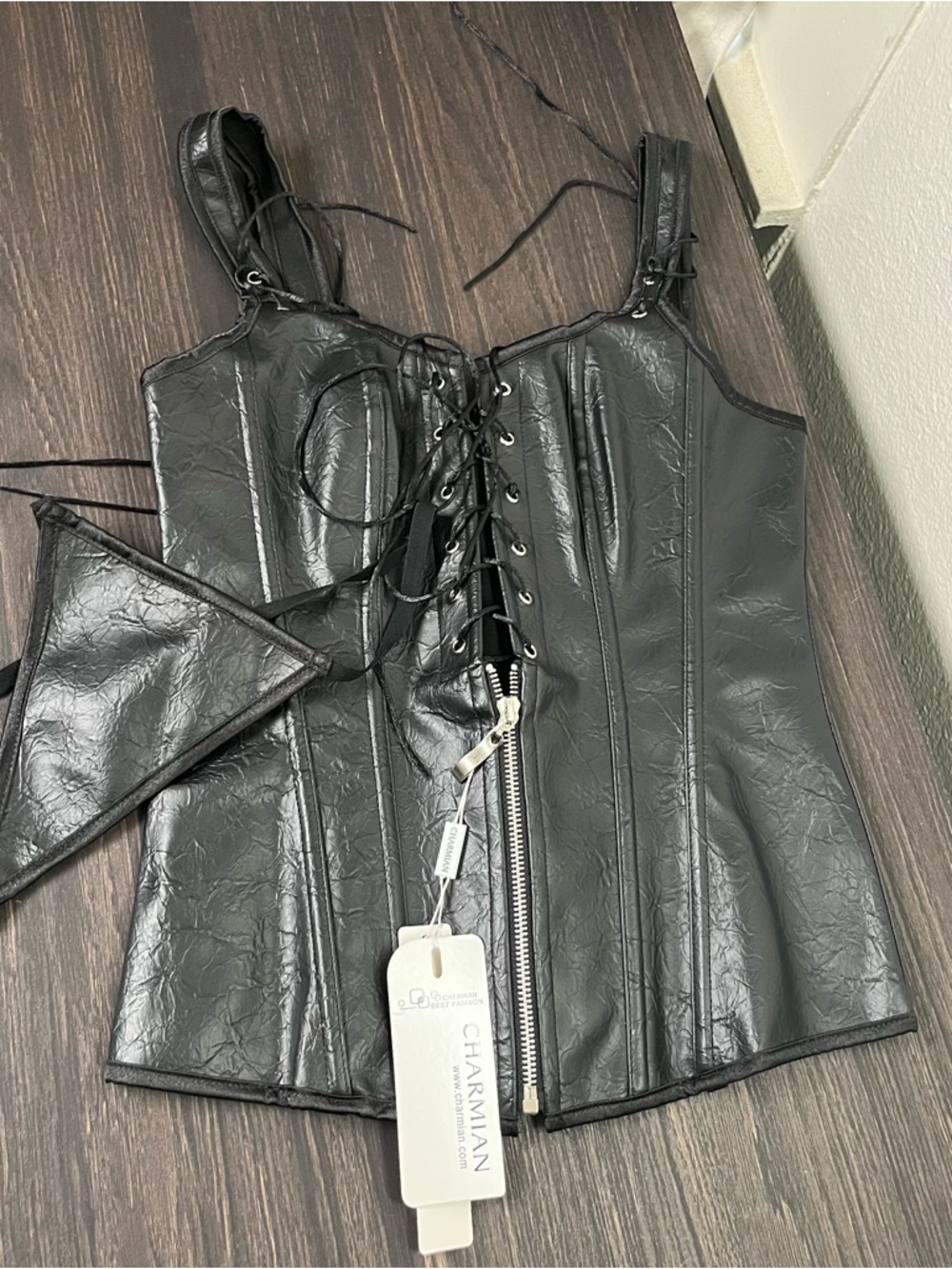 Charmian Black Faux Leather Front & Back Lace-Up Corset Top Goth Rock Grunge NWT